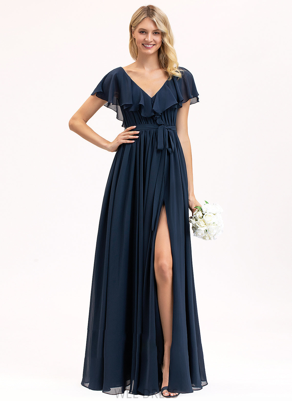 SplitFront Fabric Length Embellishment CascadingRuffles Silhouette Floor-Length Neckline Bow(s) A-Line V-neck Aniya