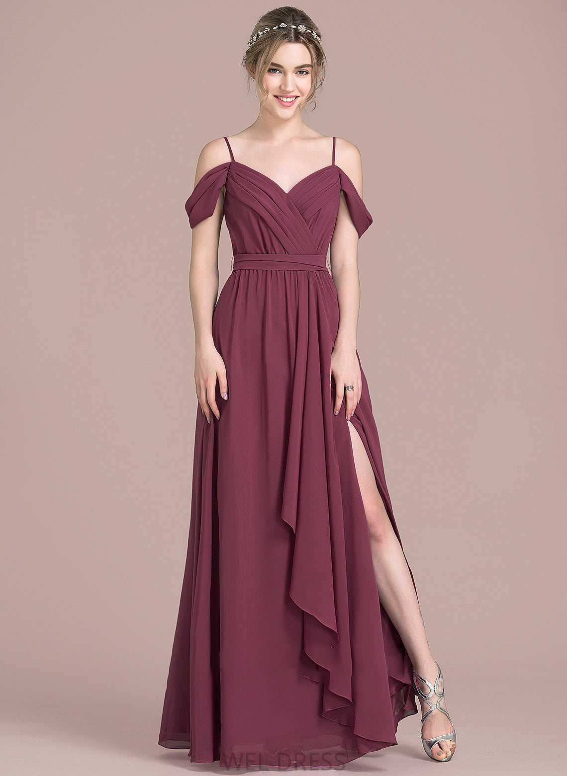 V-neck Floor-Length Fabric Silhouette A-Line CascadingRuffles Bow(s) Embellishment Neckline SplitFront Length Aileen