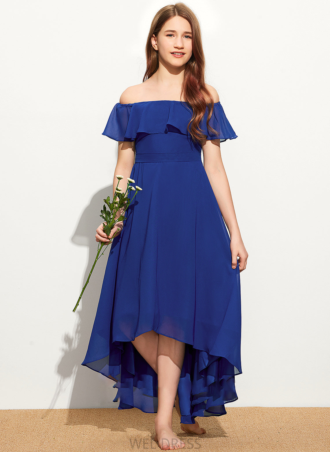 Cascading Ruffles With Off-the-Shoulder Chiffon A-Line Meghan Asymmetrical Junior Bridesmaid Dresses