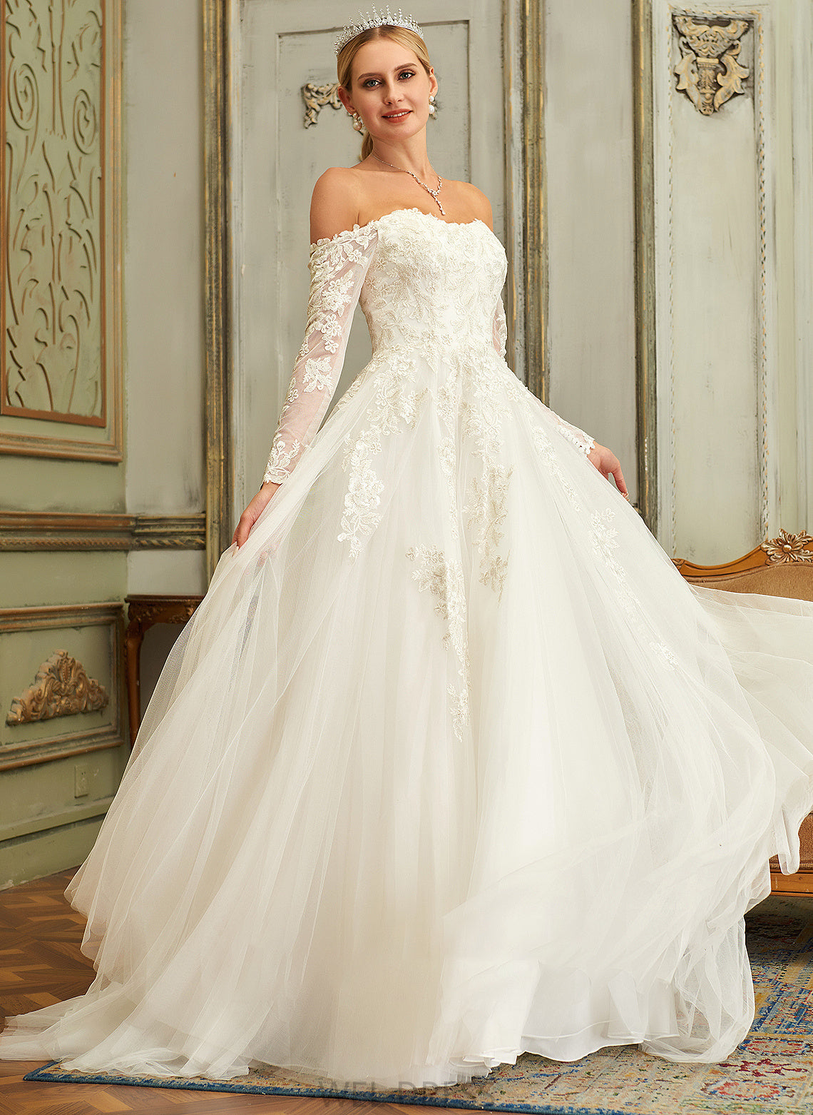 Dress Lace Off-the-Shoulder With Sarahi Ball-Gown/Princess Wedding Train Tulle Lace Wedding Dresses Sweep