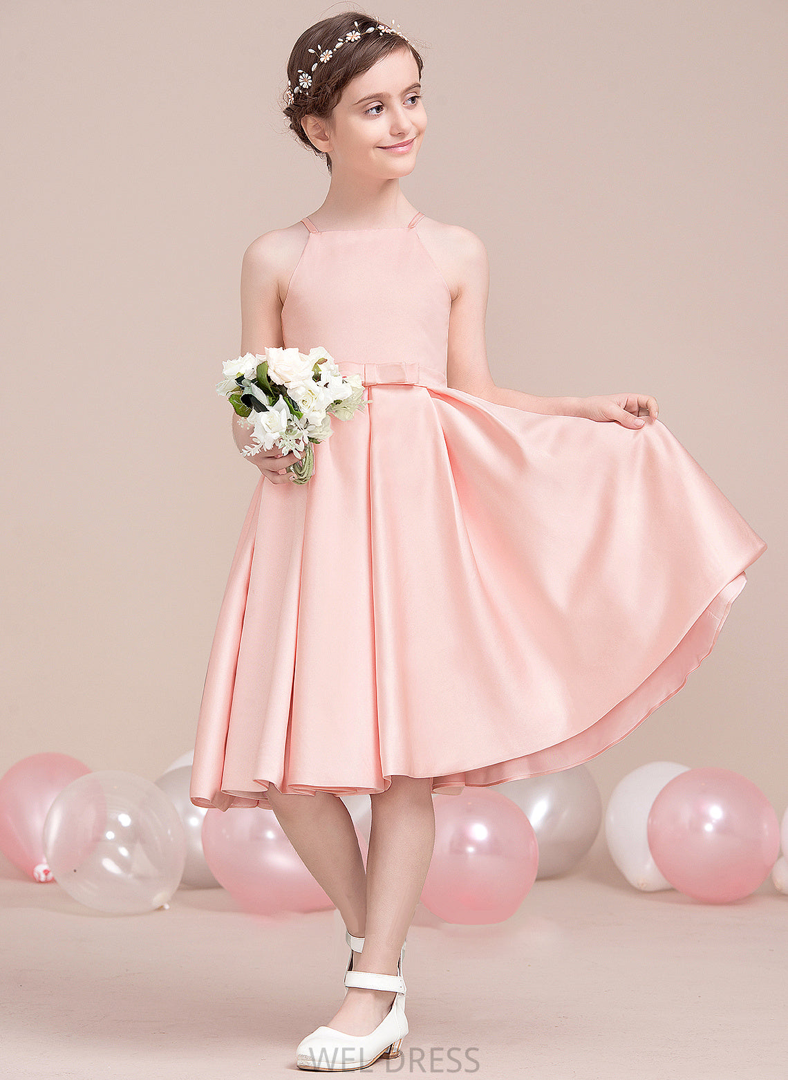 Knee-Length Junior Bridesmaid Dresses With Neckline Satin Bow(s) Square A-Line Adyson