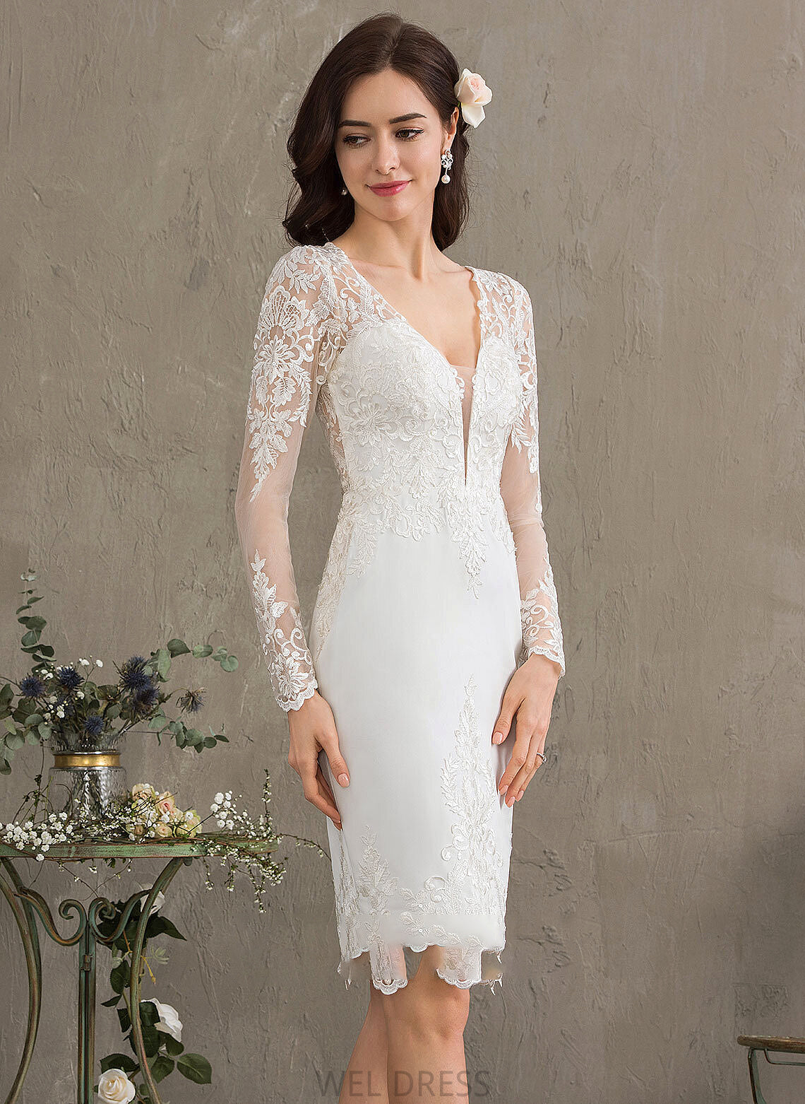 Wedding Dresses Knee-Length Wedding Crepe Sheath/Column V-neck Dress Natalie Stretch