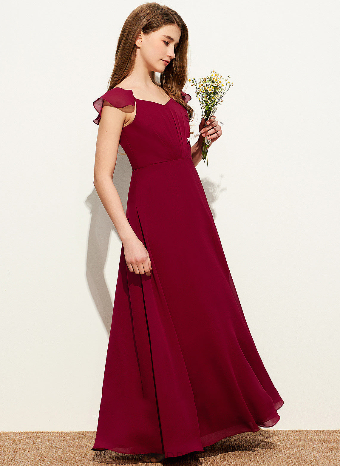 Elianna Junior Bridesmaid Dresses Chiffon Ruffle Floor-Length A-Line With V-neck