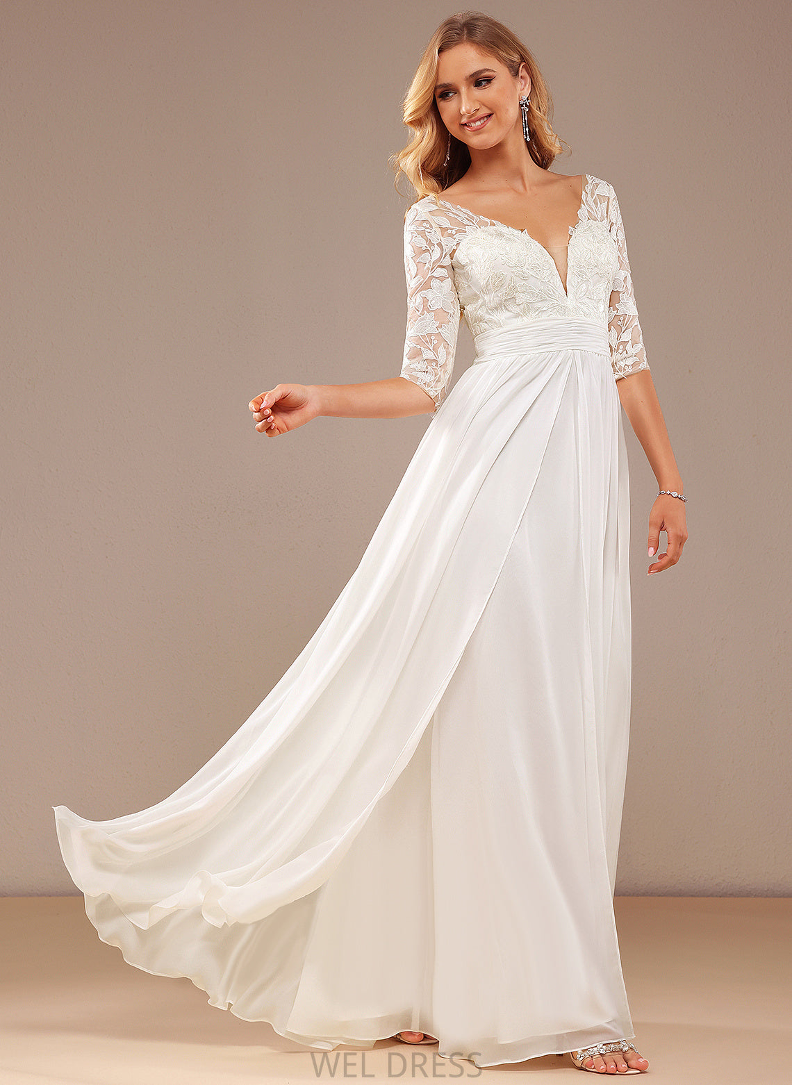 Wedding Dresses Karly Chiffon A-Line Ruffle Lace Sequins V-neck Dress Wedding With Floor-Length