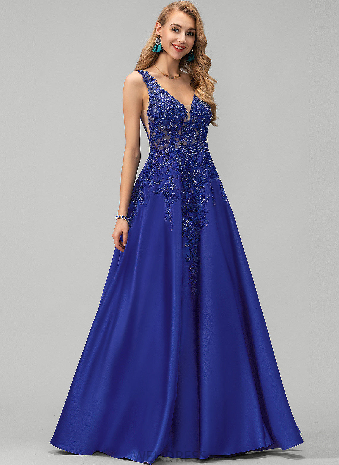 A-Line Sequins Prom Dresses Satin Lace With Luz Floor-Length V-neck