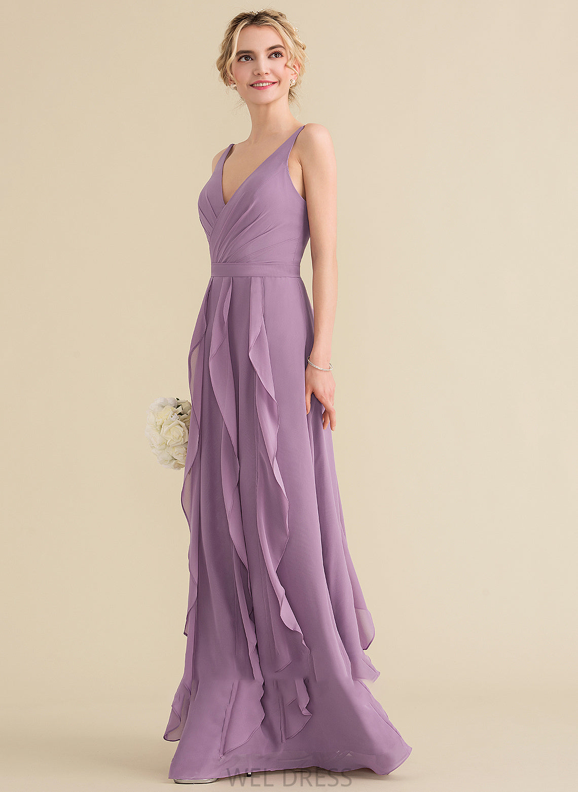 V-neck Floor-Length A-Line Embellishment Silhouette CascadingRuffles Length Fabric Neckline Caylee Spaghetti Staps Floor Length