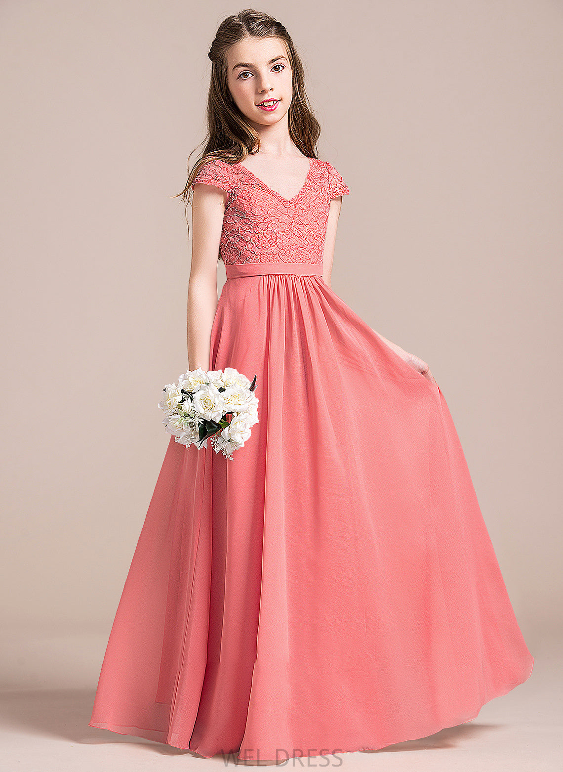 V-neck A-Line Floor-Length Junior Bridesmaid Dresses Judith Lace Chiffon