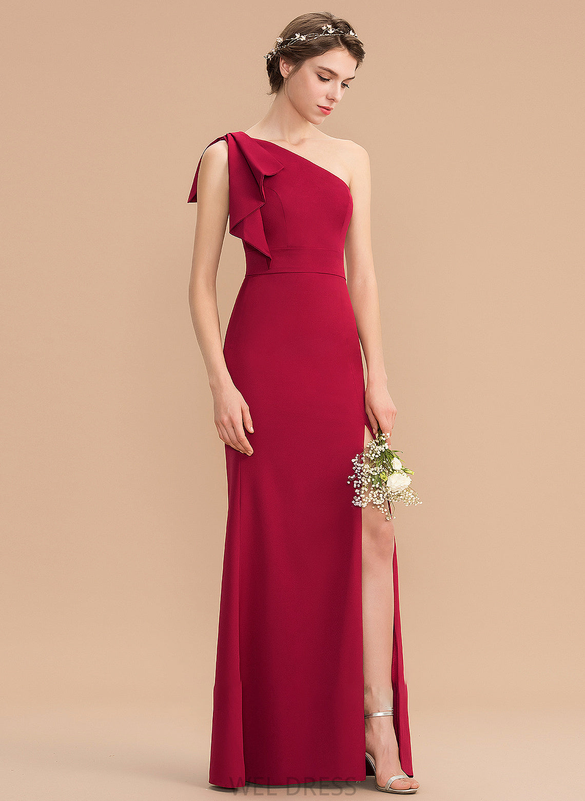 Silhouette SplitFront Neckline Length Floor-Length Fabric Sheath/Column One-Shoulder Embellishment Allison Natural Waist Floor Length