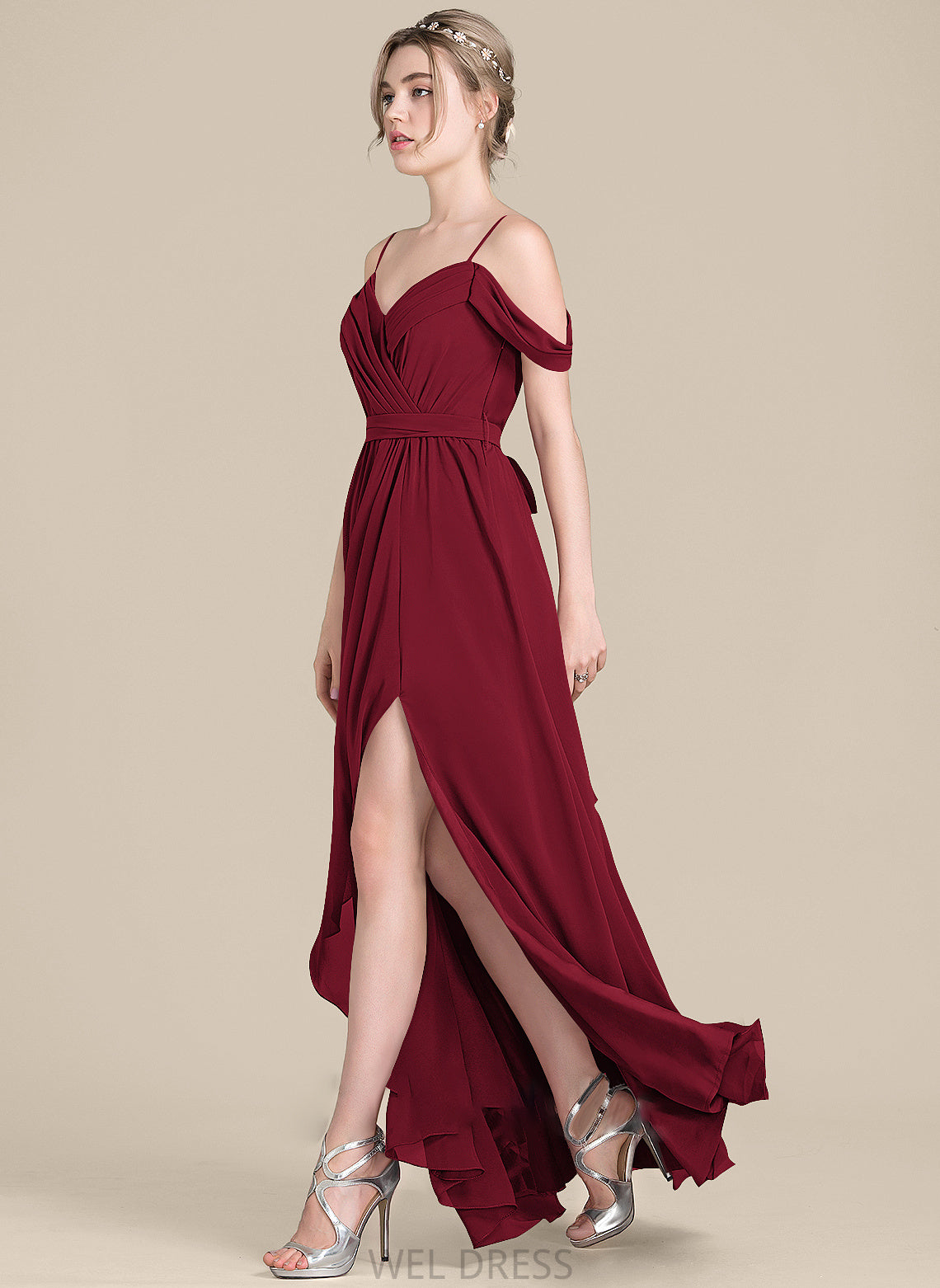 V-neck Floor-Length Fabric Silhouette A-Line CascadingRuffles Bow(s) Embellishment Neckline SplitFront Length Aileen