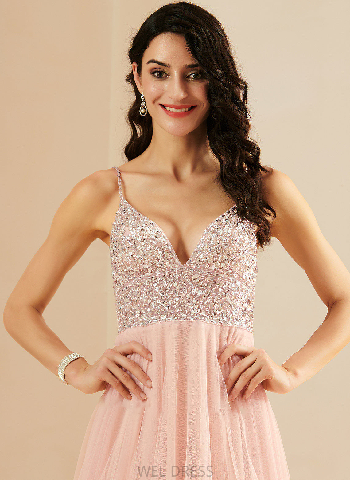 With Margaret Tulle Beading V-neck Floor-Length A-Line Prom Dresses Sequins