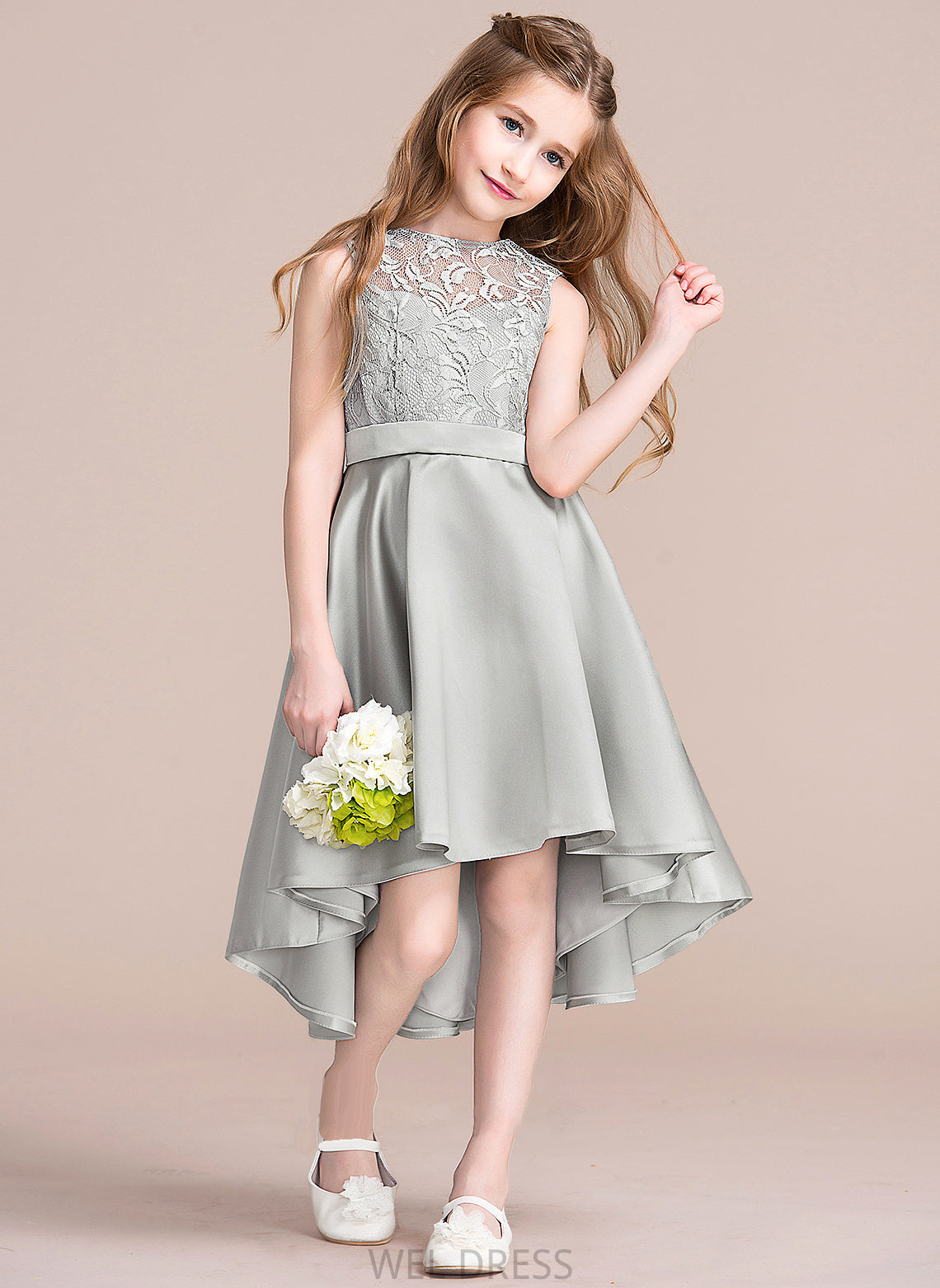 A-Line Greta Satin Asymmetrical Neck Scoop Junior Bridesmaid Dresses