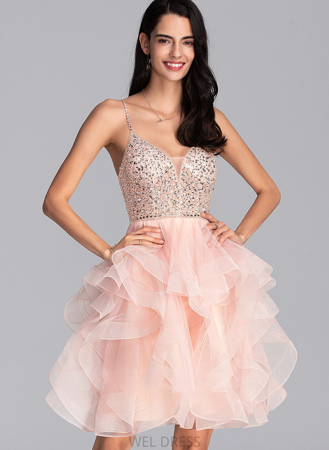 Sequins With Tulle Prom Dresses Ball-Gown/Princess Beading V-neck Janelle Knee-Length