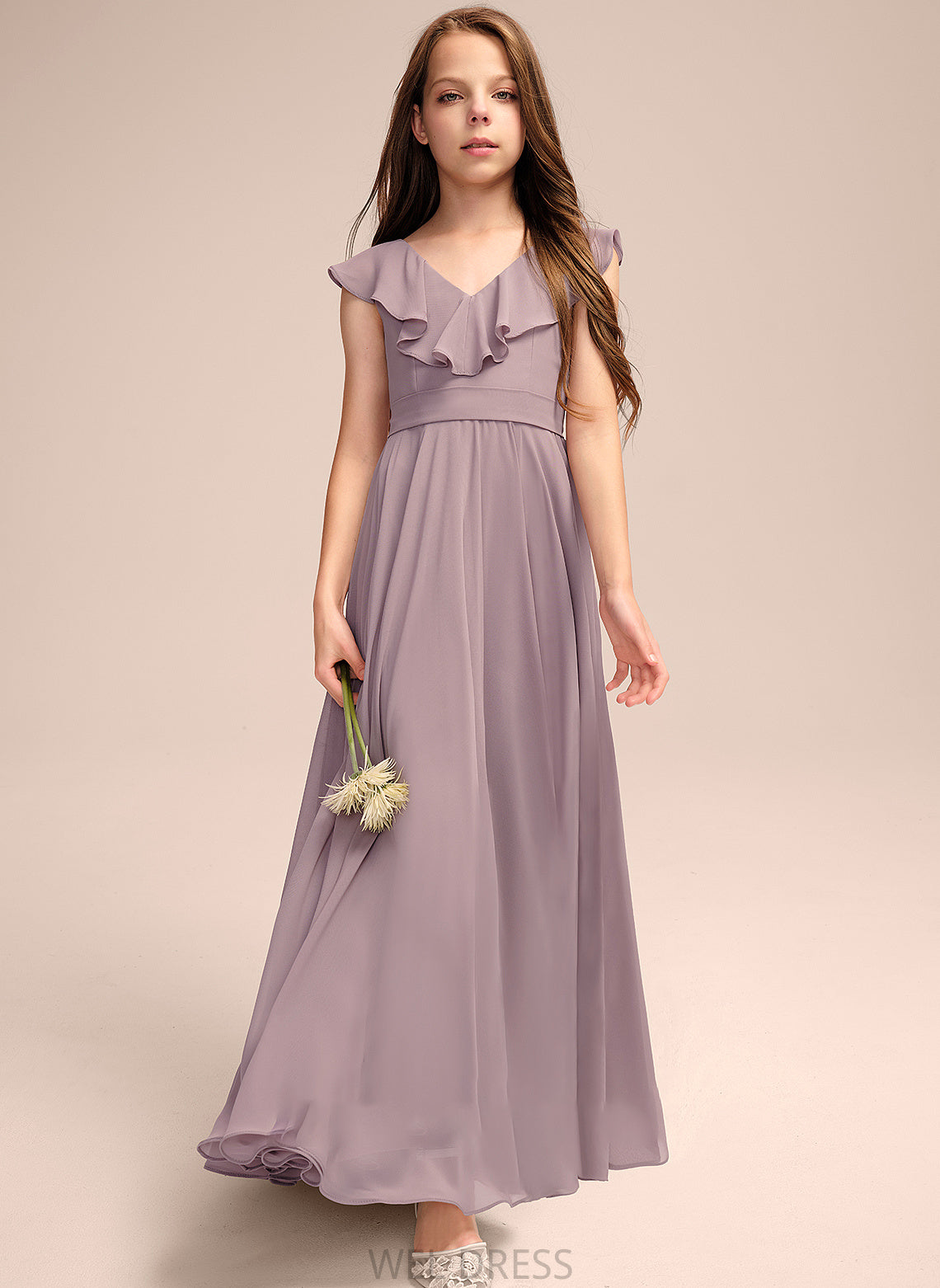 A-Line V-neck Ruffles Cascading Charlee Floor-Length With Junior Bridesmaid Dresses Chiffon