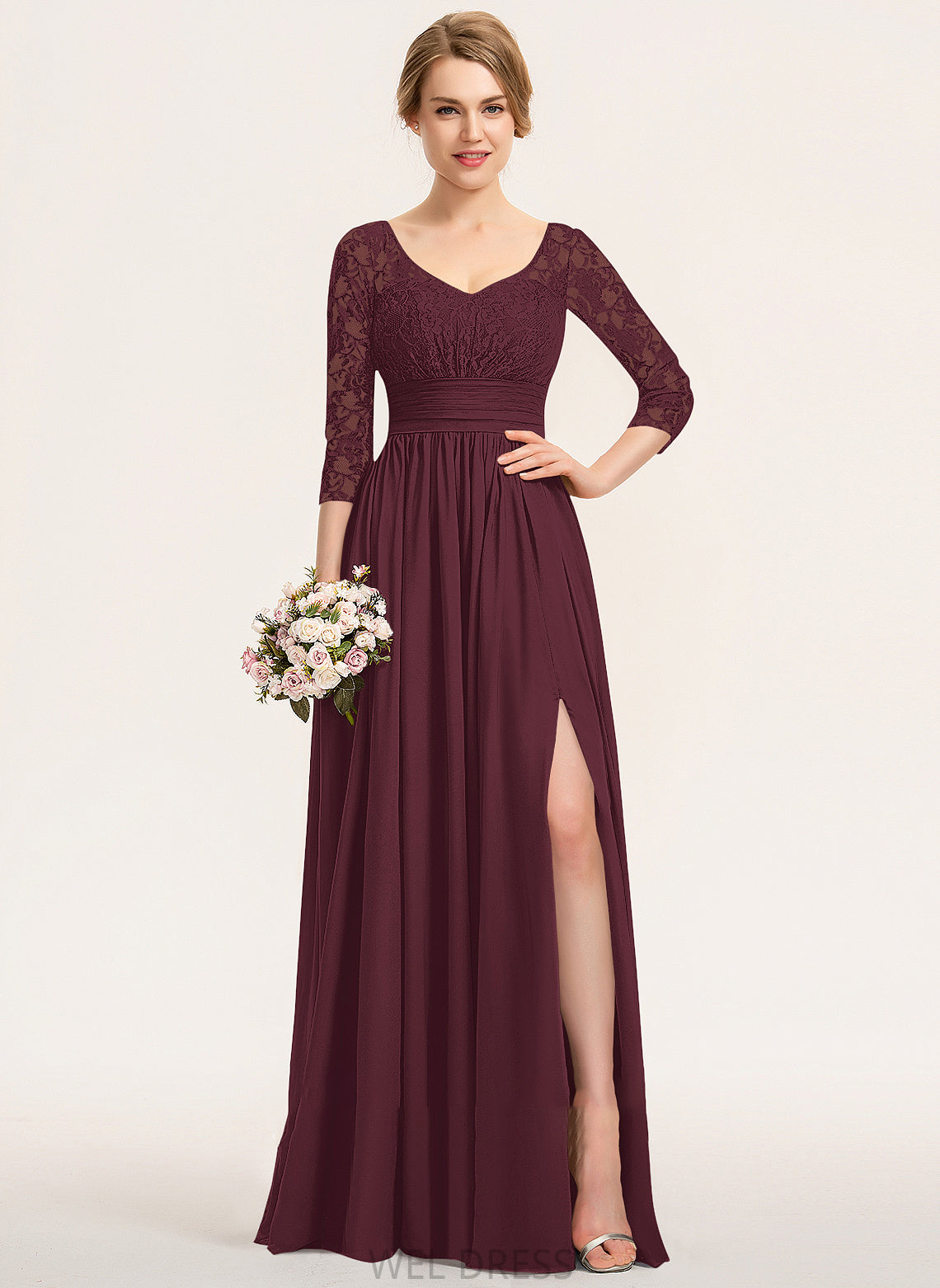 V-neck Fabric Length A-Line Neckline SplitFront Embellishment Floor-Length Silhouette Ruffle Heather A-Line/Princess