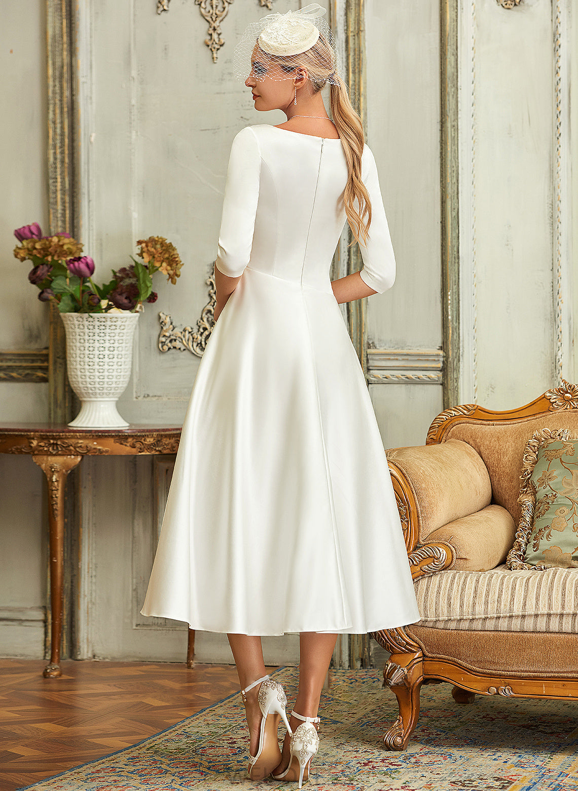 A-Line Satin Wedding Denise Tea-Length Wedding Dresses Dress V-neck