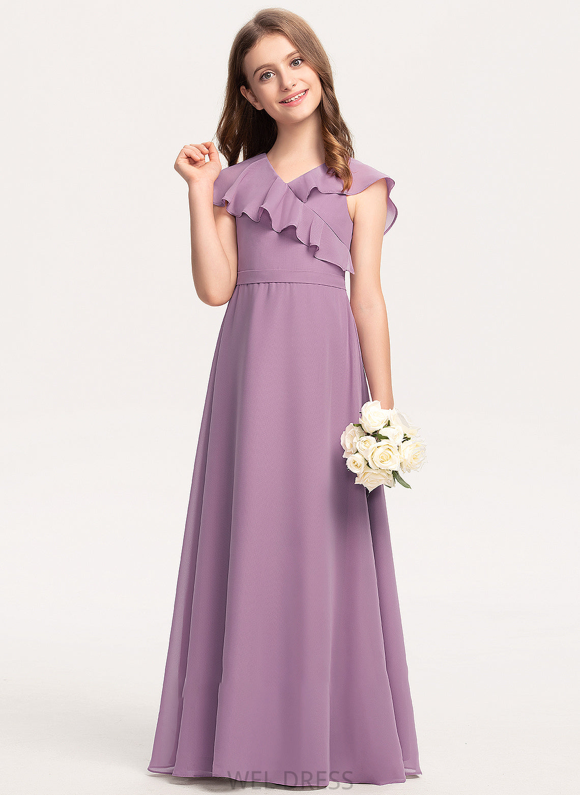 Ruffles Cascading Chiffon Floor-Length A-Line Cadence V-neck Bow(s) Junior Bridesmaid Dresses With