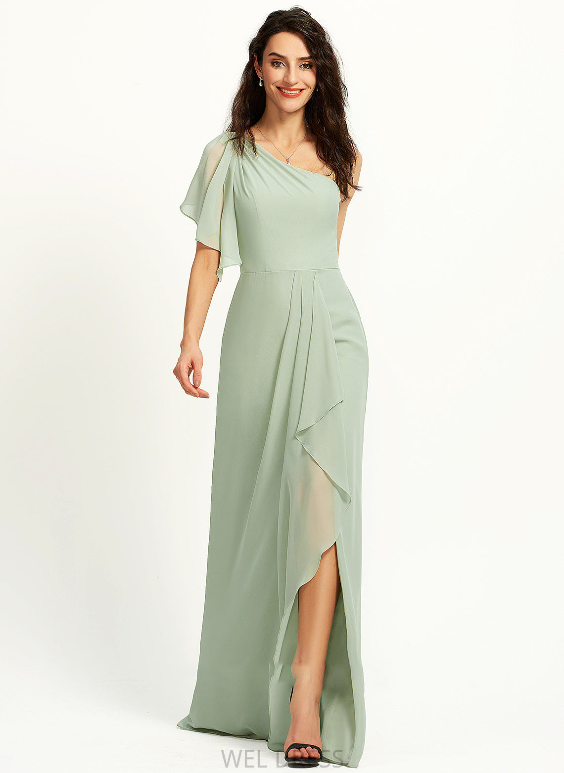 Embellishment Neckline Floor-Length Fabric SplitFront Silhouette Length Ruffle One-Shoulder A-Line Jamie Sleeveless