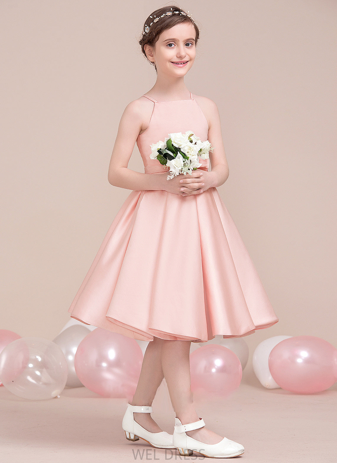 Knee-Length Junior Bridesmaid Dresses With Neckline Satin Bow(s) Square A-Line Adyson