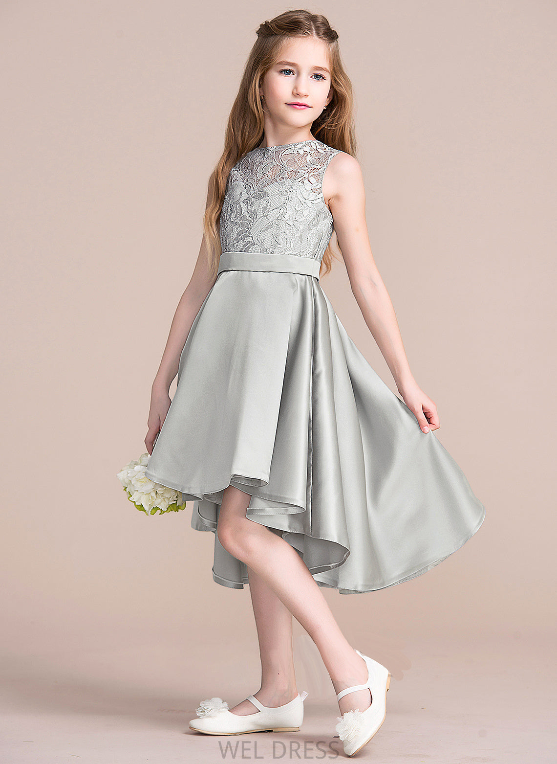 A-Line Greta Satin Asymmetrical Neck Scoop Junior Bridesmaid Dresses