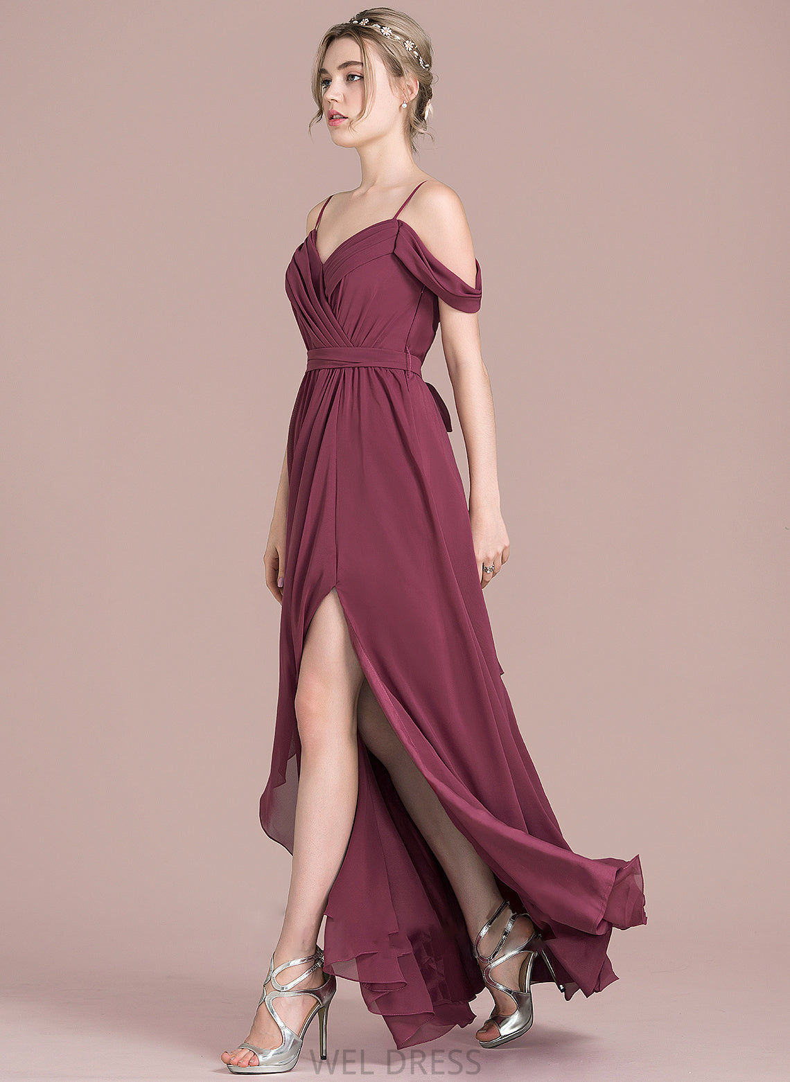 V-neck Floor-Length Fabric Silhouette A-Line CascadingRuffles Bow(s) Embellishment Neckline SplitFront Length Aileen