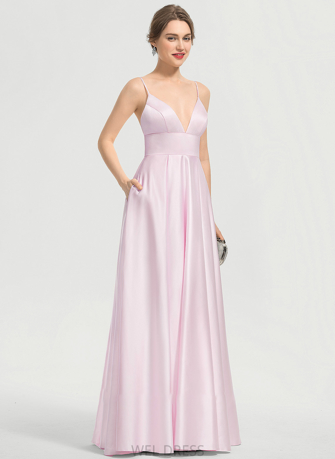 Satin With Floor-Length Pockets Jacqueline A-Line Prom Dresses V-neck