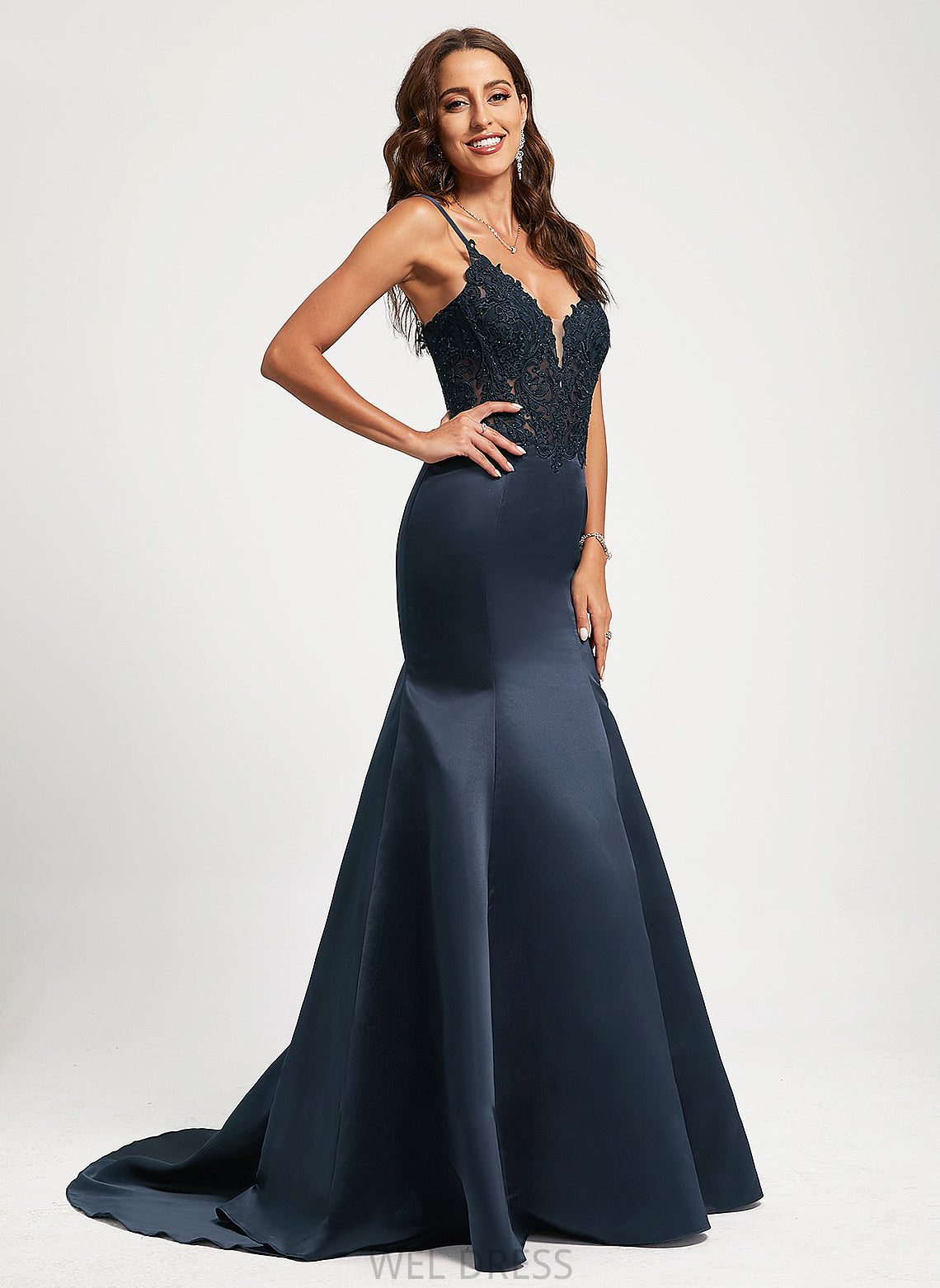 Lydia Lace Satin Prom Dresses V-neck With Trumpet/Mermaid Sweep Train Sequins