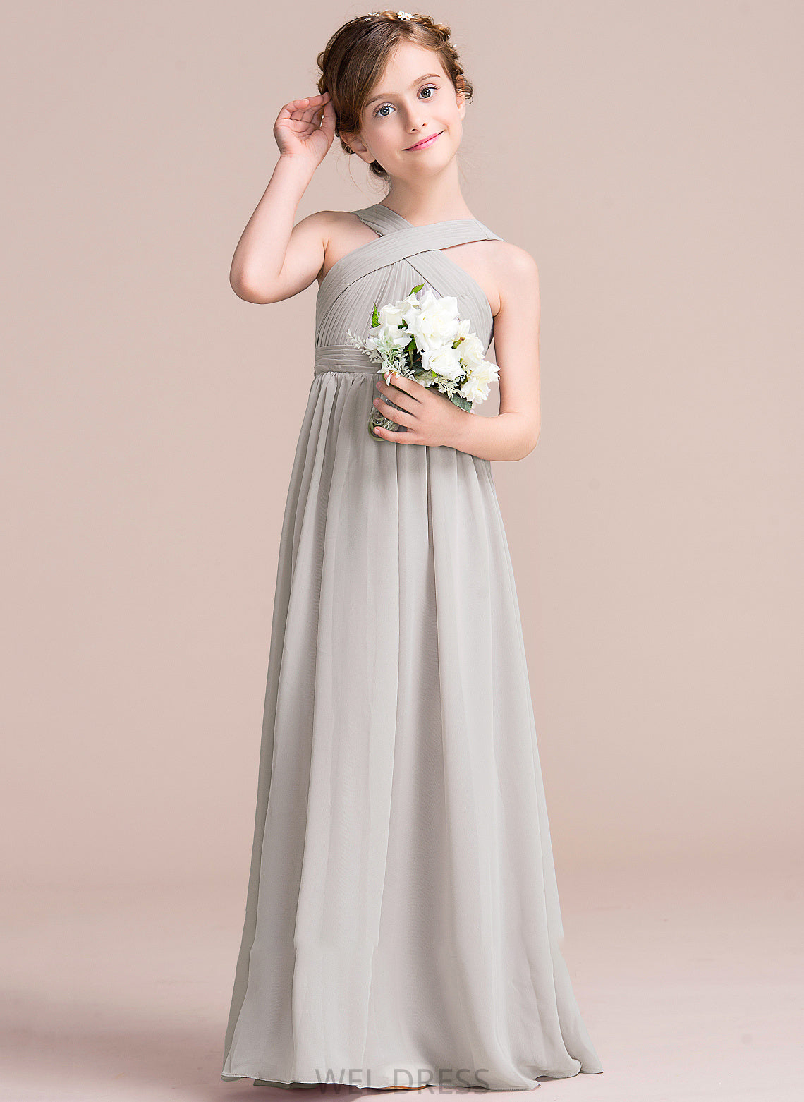 Bow(s) Mara Ruffle Junior Bridesmaid Dresses V-neck Floor-Length A-Line Chiffon With