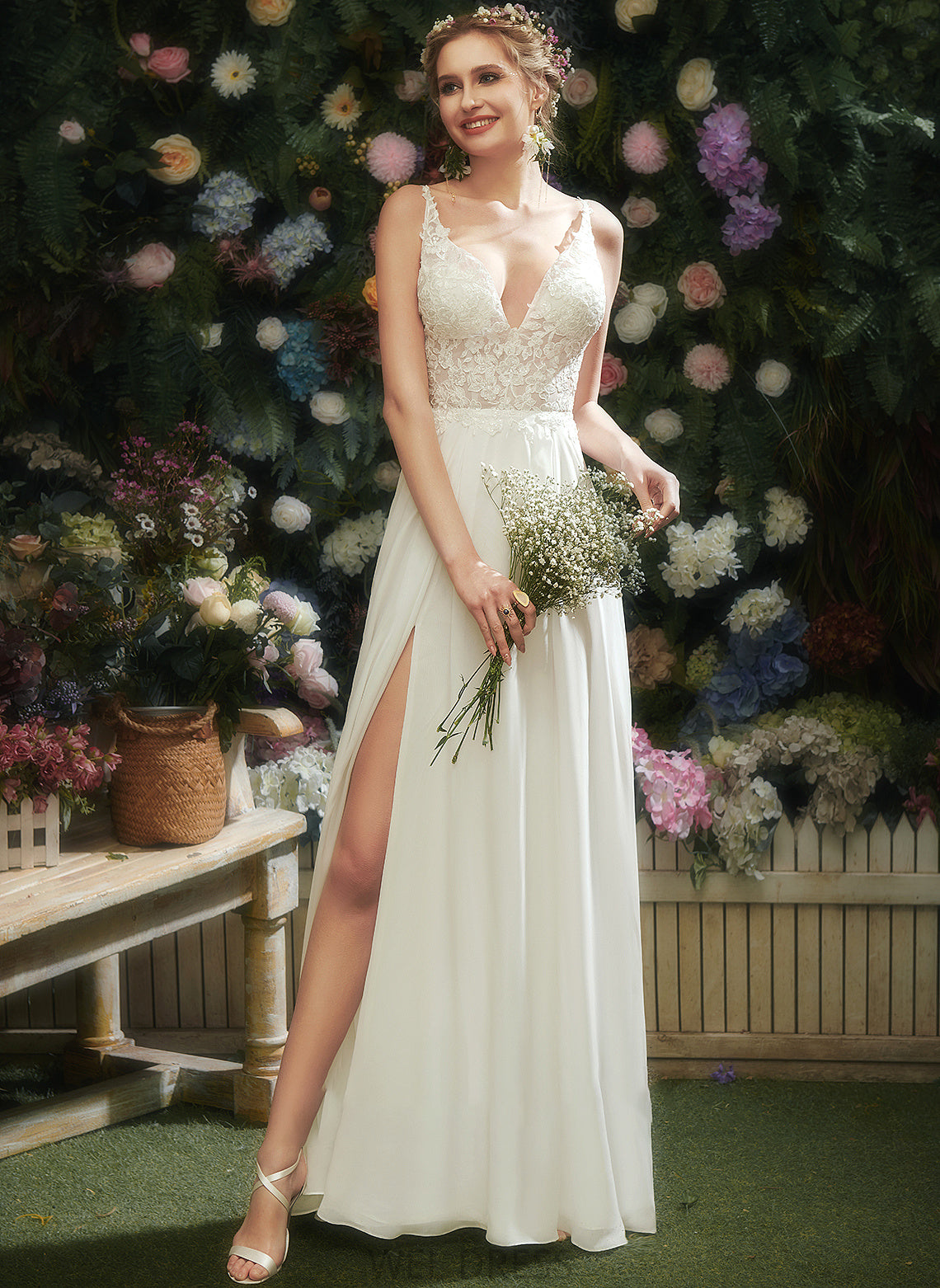 Split Abbey Front Wedding Dresses A-Line With Lace Dress Wedding Floor-Length V-neck