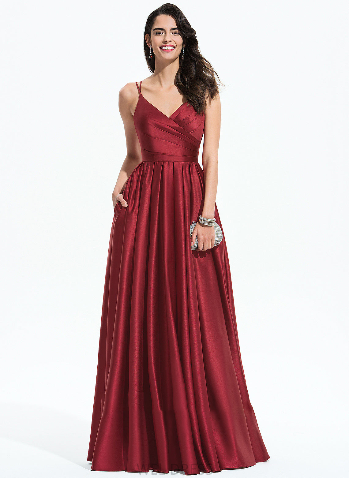 Satin With Prom Dresses Karly Pockets Ruffle V-neck Floor-Length A-Line