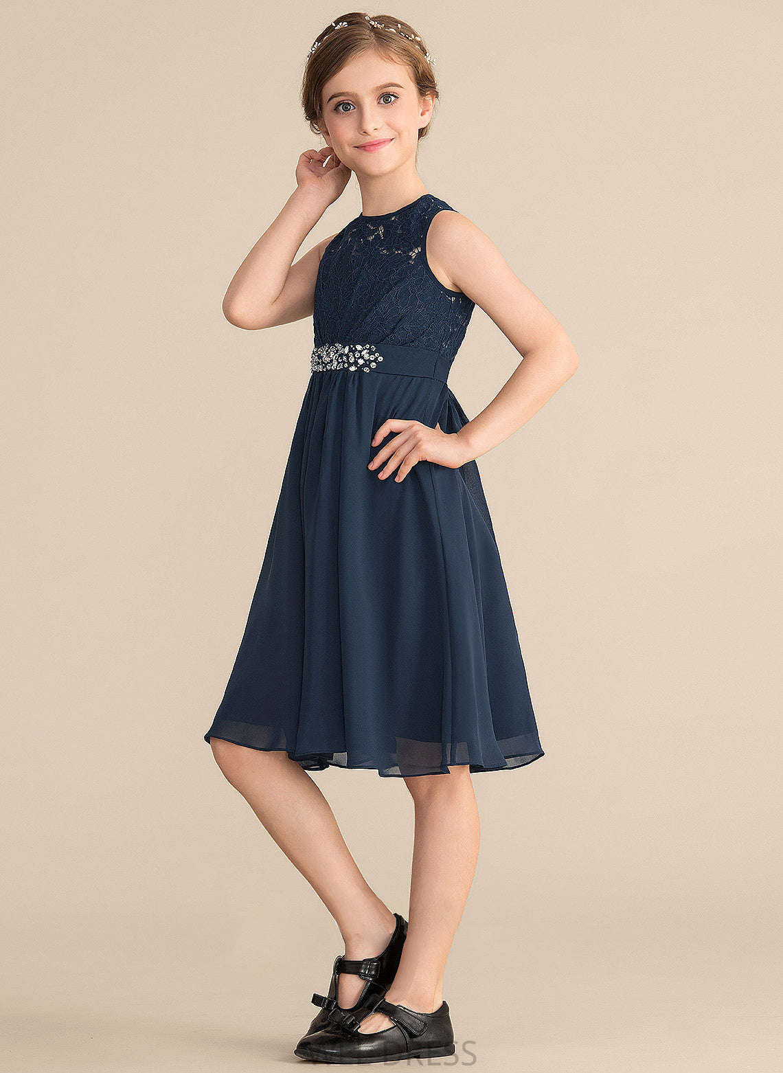 Bow(s) Chiffon Neck A-Line Beading With Hayley Knee-Length Lace Scoop Sequins Junior Bridesmaid Dresses