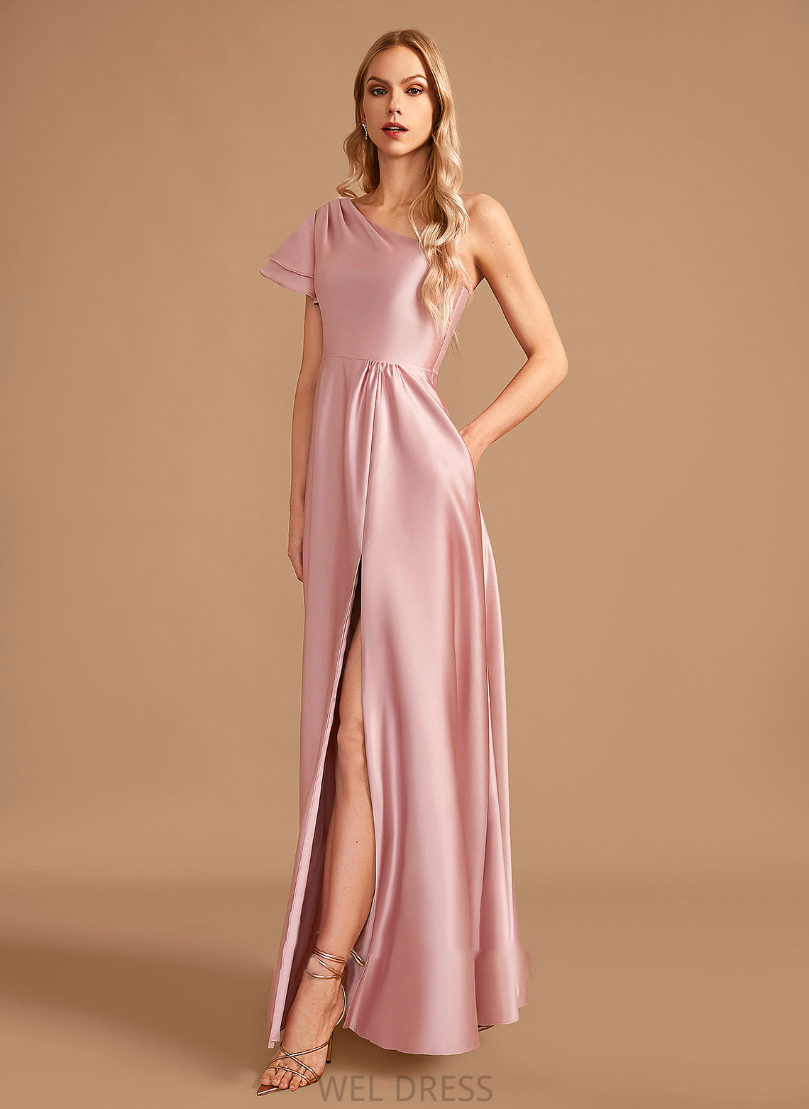 A-Line Floor-Length One-Shoulder SplitFront Embellishment Fabric Neckline Silhouette Length Angelique Spaghetti Staps Natural Waist