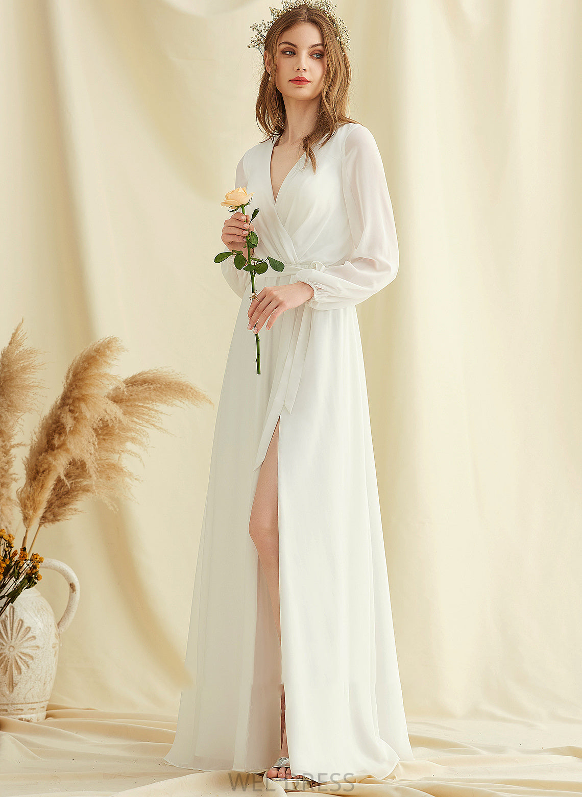 With Split V-neck Wedding Dresses Ava Floor-Length Chiffon Front Dress A-Line Wedding