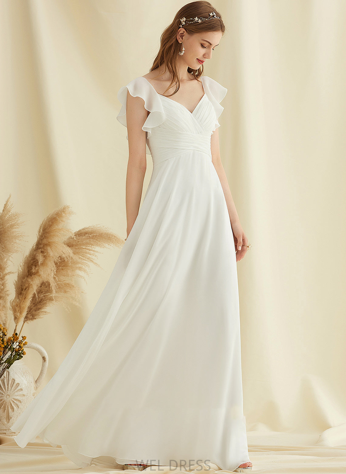 Wedding Ruffle With A-Line Alicia Floor-Length V-neck Dress Chiffon Wedding Dresses