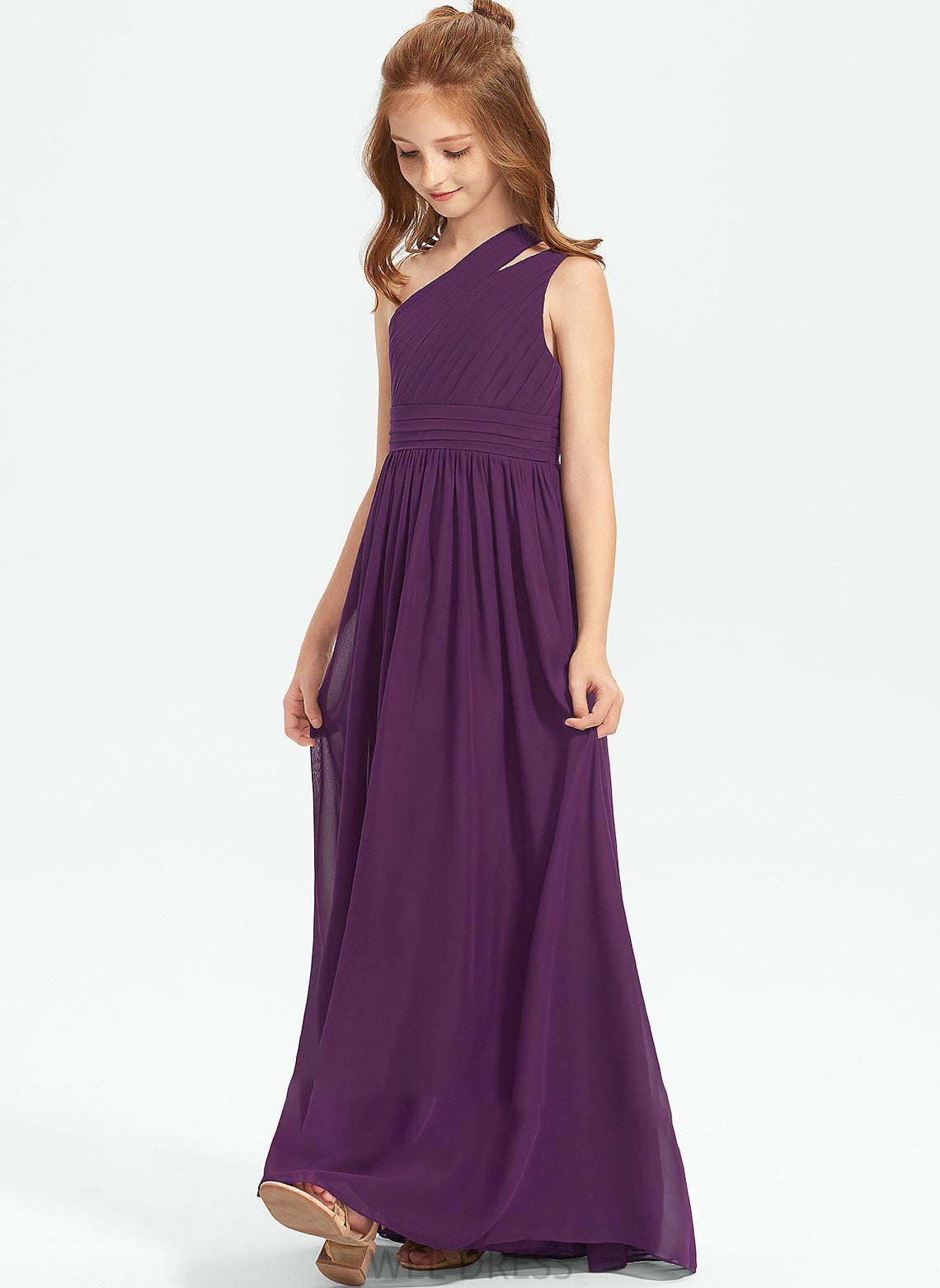 A-Line One-Shoulder Floor-Length Junior Bridesmaid Dresses Mariam Ruffle Chiffon With