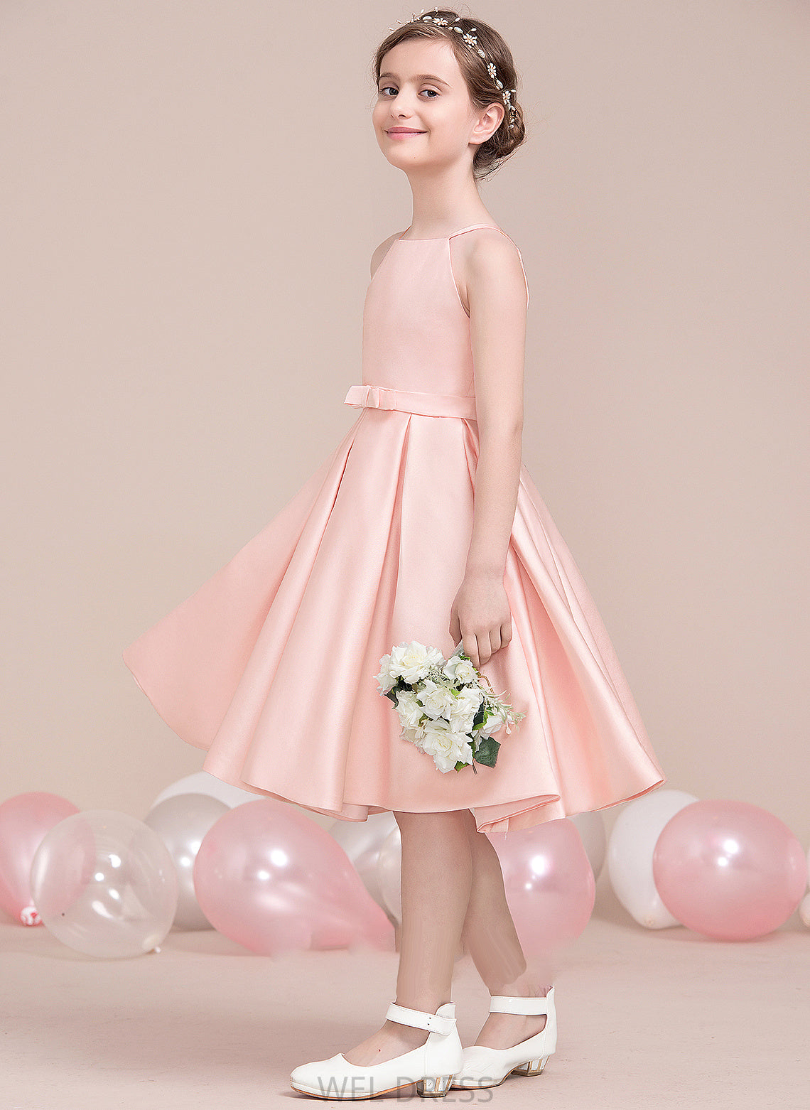 Knee-Length Junior Bridesmaid Dresses With Neckline Satin Bow(s) Square A-Line Adyson