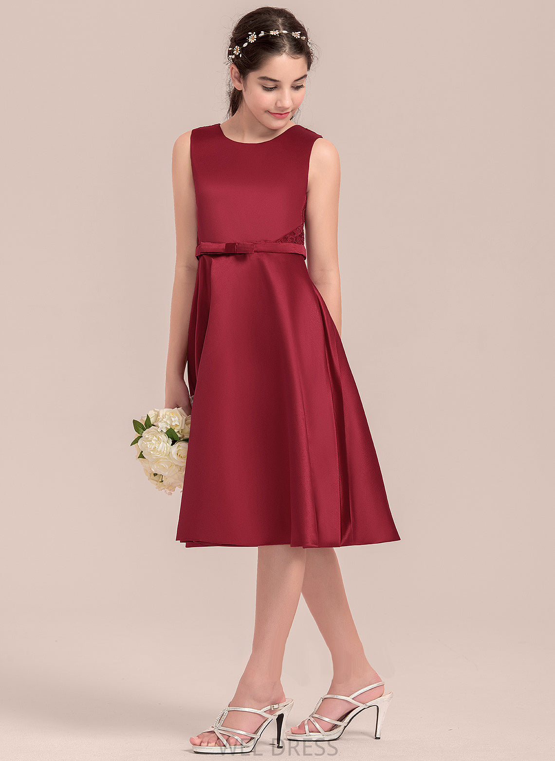 Junior Bridesmaid Dresses Scoop A-Line Knee-Length Bow(s) Neck Patience With Lace Satin