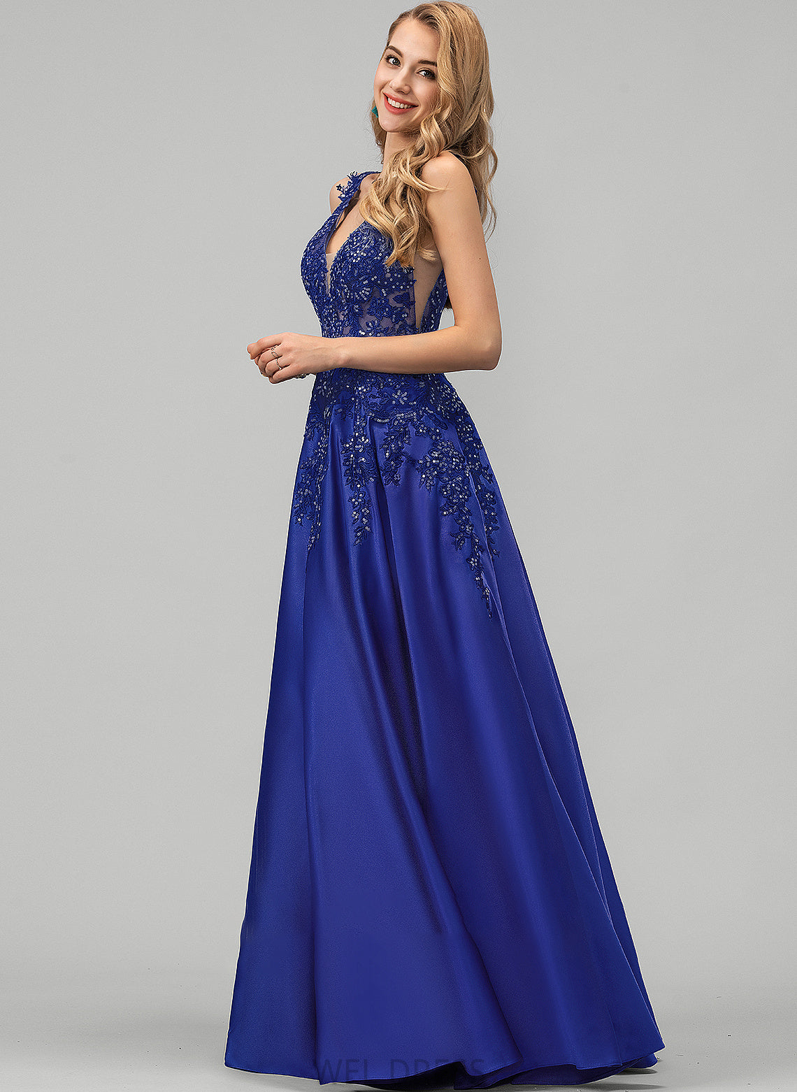 A-Line Sequins Prom Dresses Satin Lace With Luz Floor-Length V-neck
