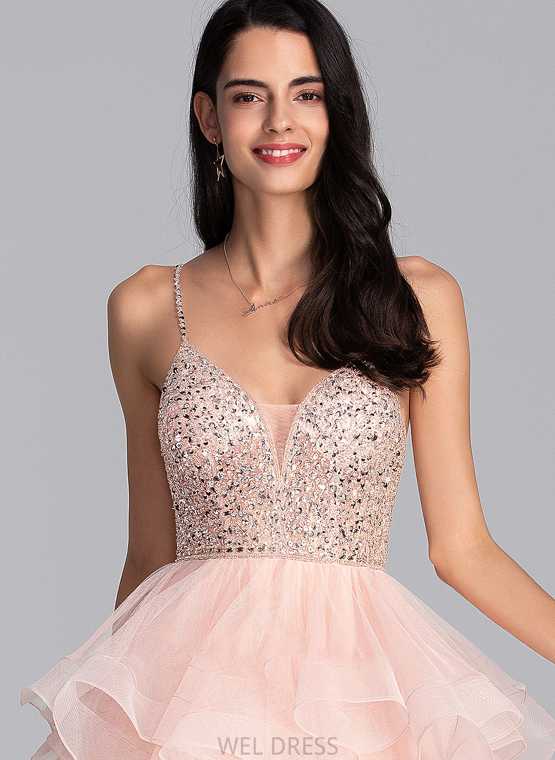 Sequins With Tulle Prom Dresses Ball-Gown/Princess Beading V-neck Janelle Knee-Length