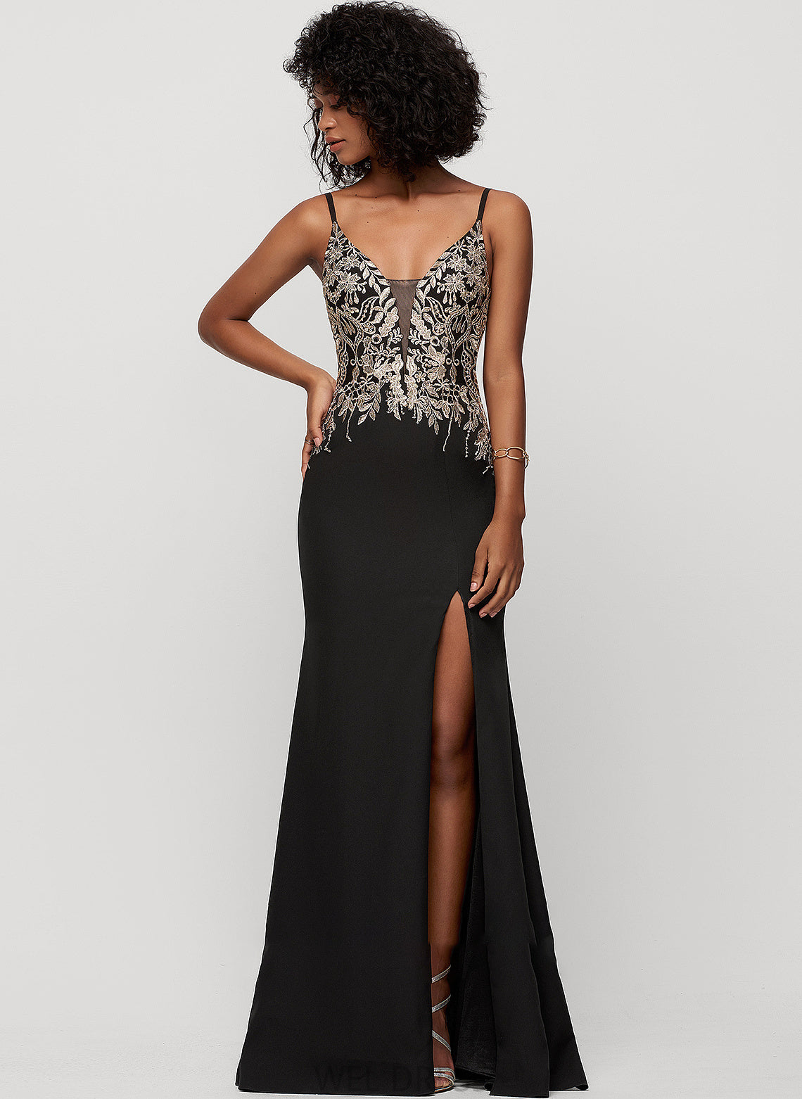 Prom Dresses Sequins Split Stretch Trumpet/Mermaid V-neck With Floor-Length Macey Front Crepe