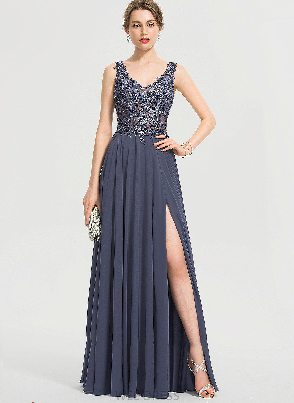 Front A-Line Prom Dresses Split With Sequins Chiffon Floor-Length Cali Beading V-neck