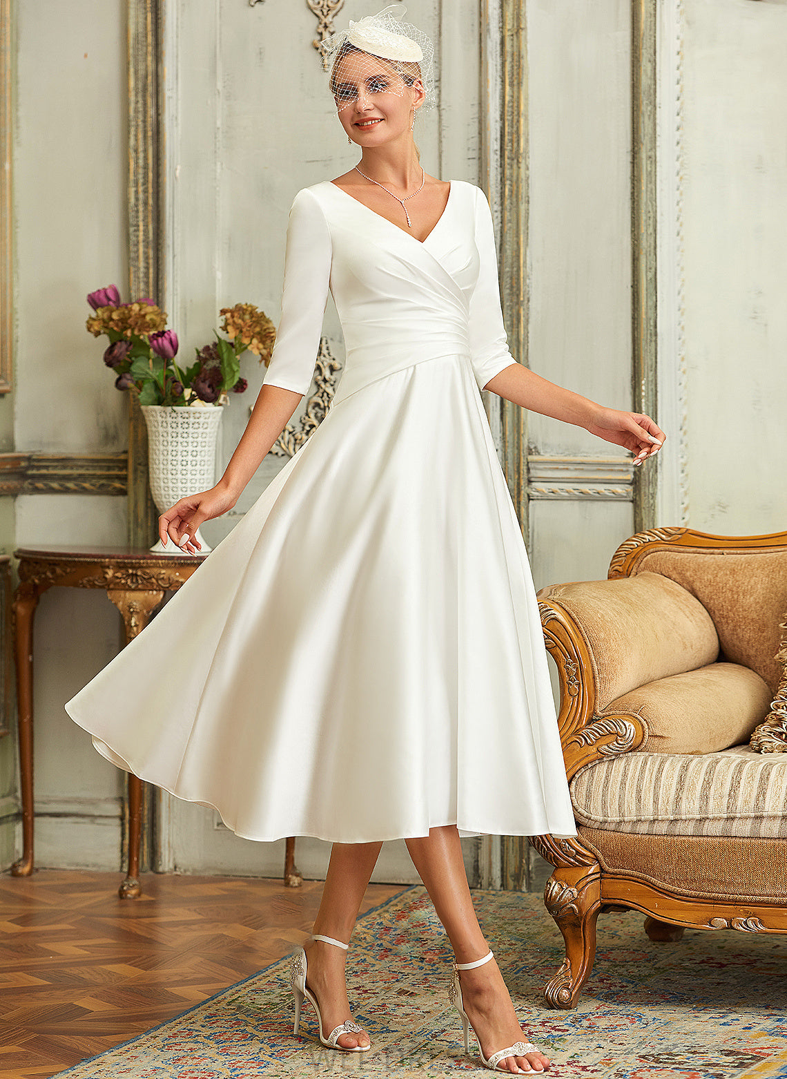 A-Line Satin Wedding Denise Tea-Length Wedding Dresses Dress V-neck