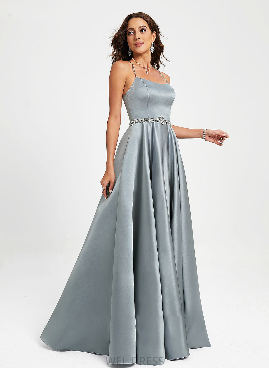 With Neck Scoop Reagan A-Line Floor-Length Beading Satin Prom Dresses