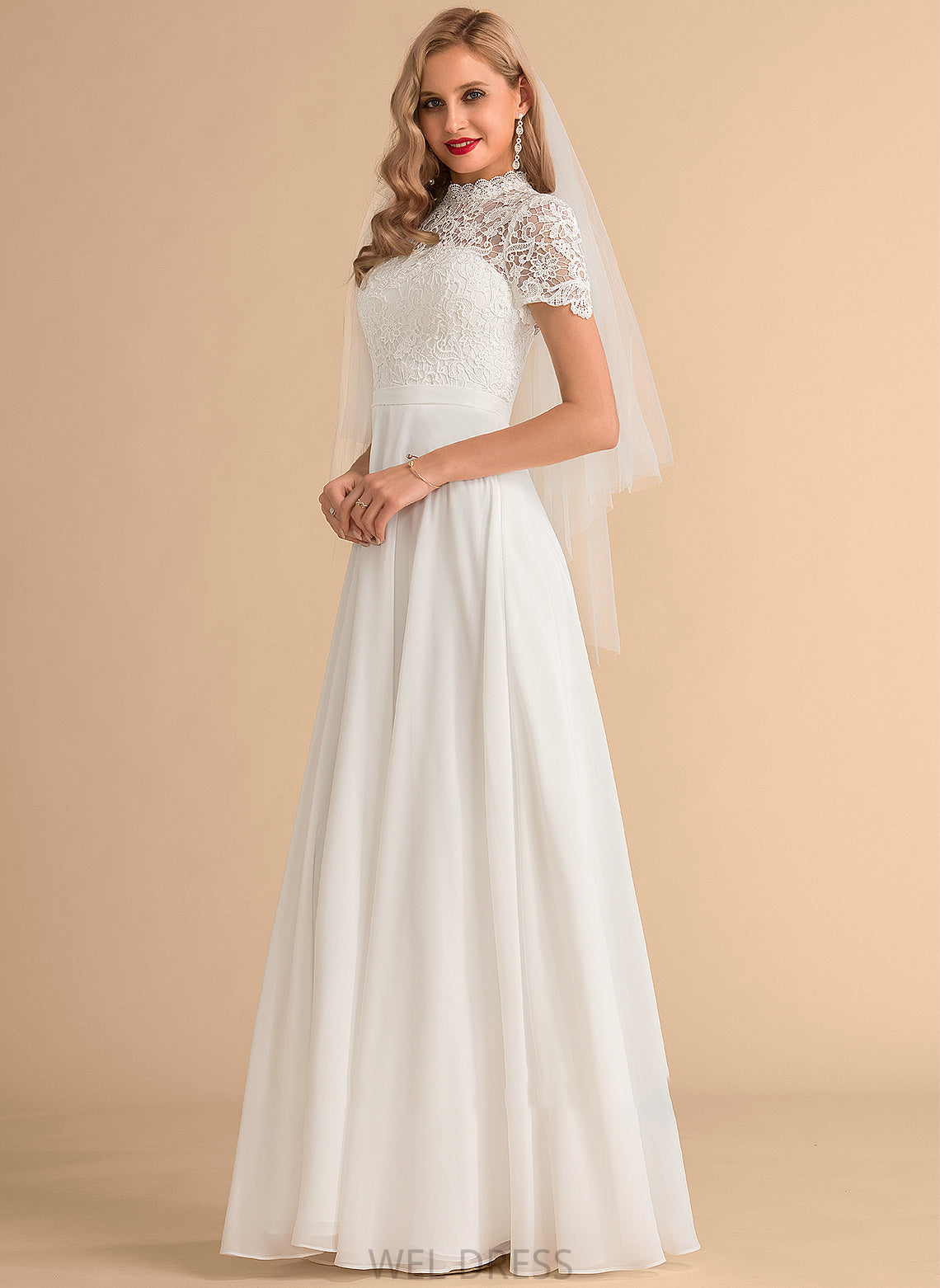 Neck Lace High Wedding Gwendolyn Floor-Length A-Line Wedding Dresses Dress Chiffon