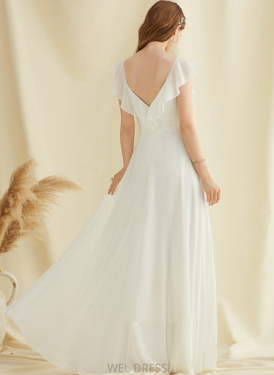 Wedding Ruffle With A-Line Alicia Floor-Length V-neck Dress Chiffon Wedding Dresses