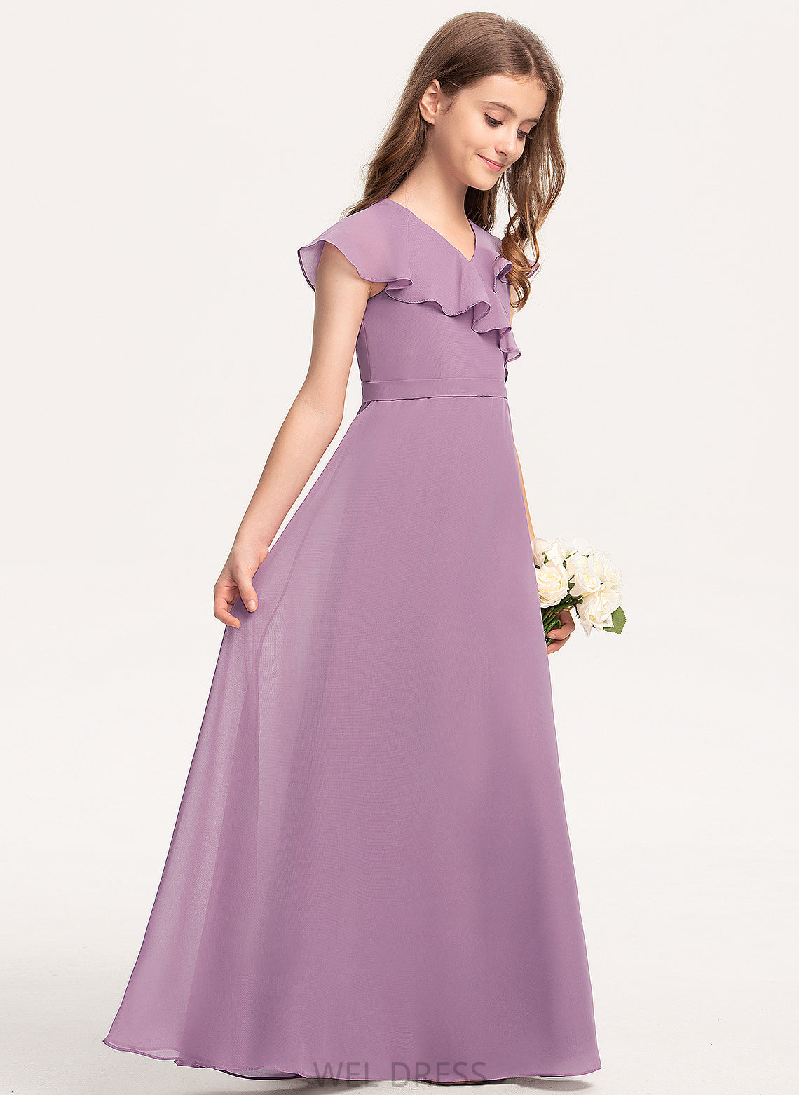 Ruffles Cascading Chiffon Floor-Length A-Line Cadence V-neck Bow(s) Junior Bridesmaid Dresses With