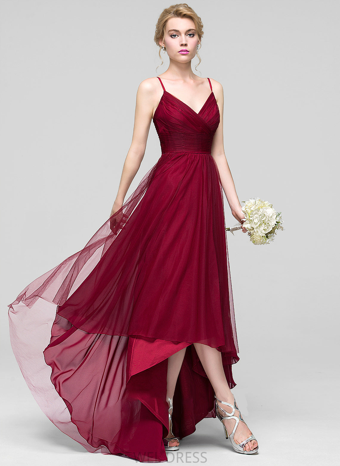 Asymmetrical Fabric Ruffle A-Line Neckline Length Silhouette V-neck Embellishment Madilynn Sleeveless A-Line/Princess