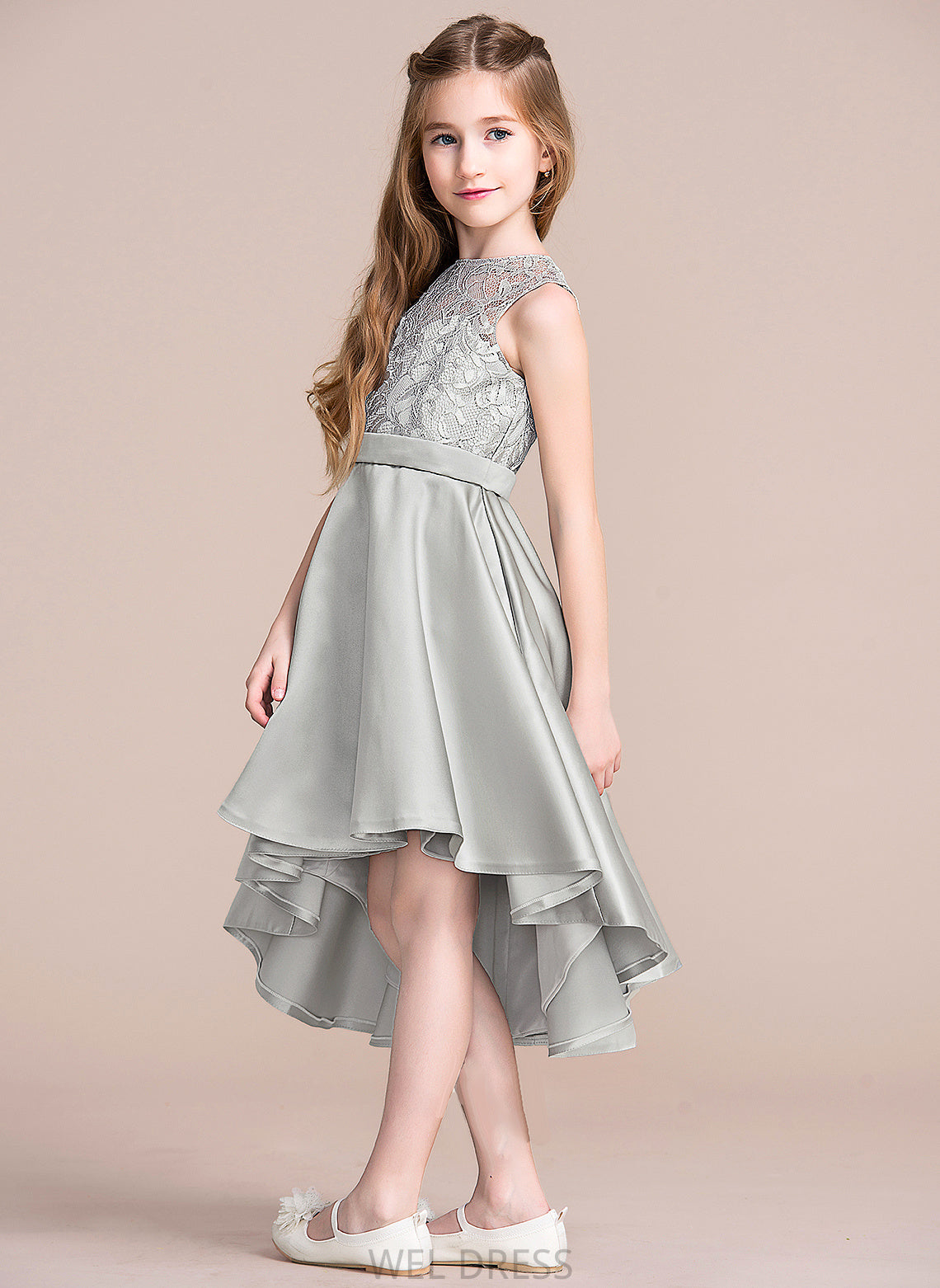 A-Line Greta Satin Asymmetrical Neck Scoop Junior Bridesmaid Dresses