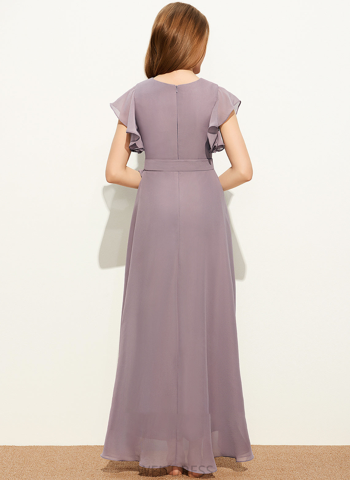 Asymmetrical Junior Bridesmaid Dresses Bow(s) A-Line Chiffon With Peyton Ruffle V-neck