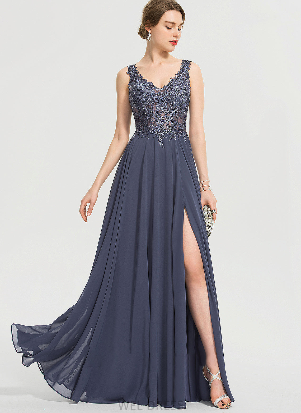Front A-Line Prom Dresses Split With Sequins Chiffon Floor-Length Cali Beading V-neck