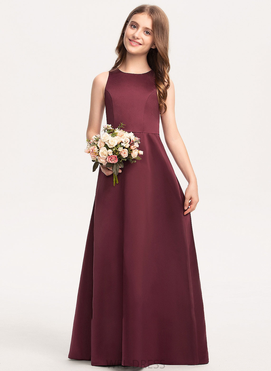 Neck Satin Maddison A-Line Scoop Floor-Length Junior Bridesmaid Dresses